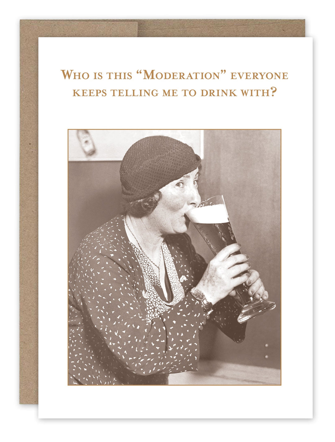 Greeting card with vintage photo of woman drinking beer, humorous moderation birthday message