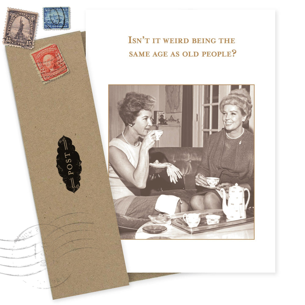 Birthday greeting card with vintage postcard design and humorous message about aging