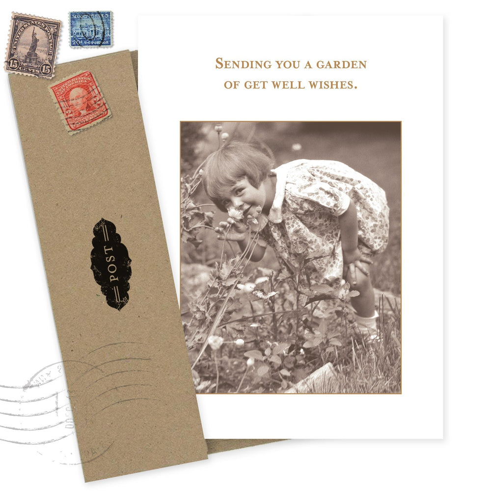 Garden Get Well Card featuring vintage photo of child in garden with postal elements