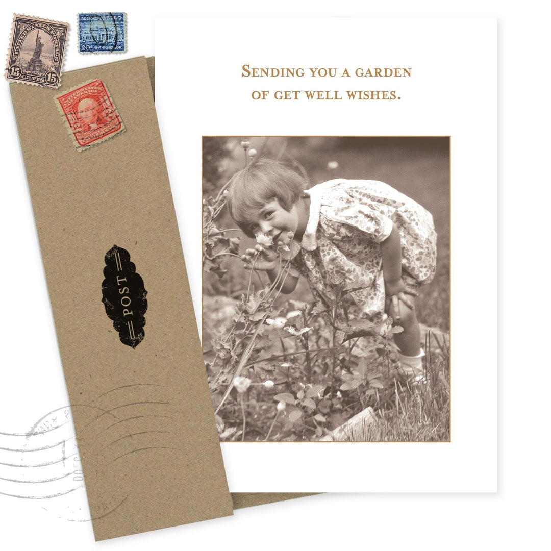 Garden Get Well Card featuring vintage photo of child in garden with postal elements