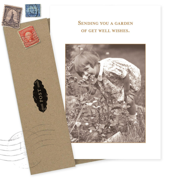 Garden Get Well Card featuring vintage photo of child in garden with postal elements