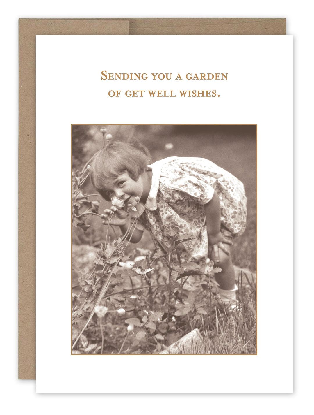 Garden Get Well Card featuring vintage photo of child smelling flowers with kraft envelope