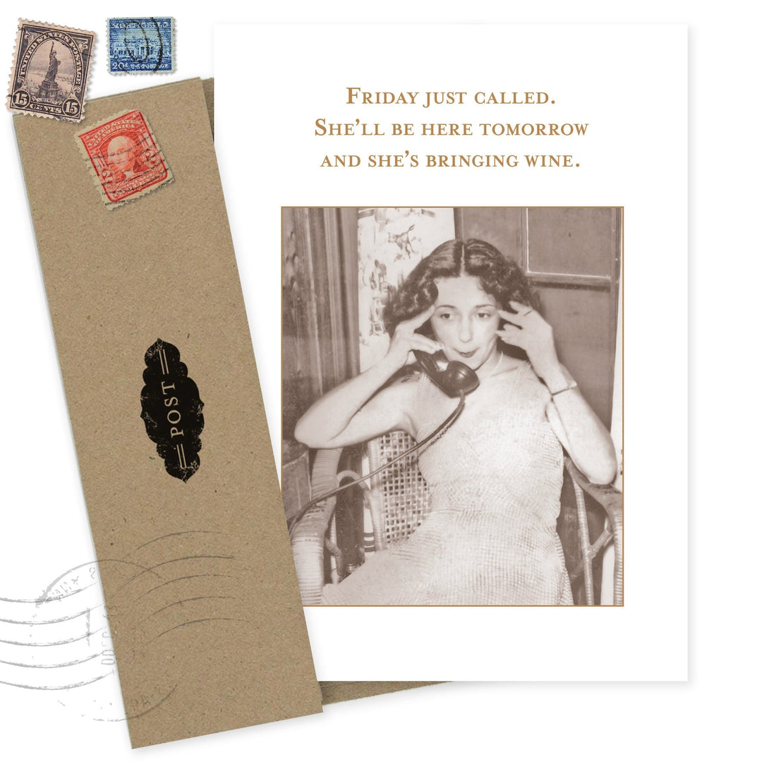Friday Just Called greeting card with vintage woman on phone and postal stamps