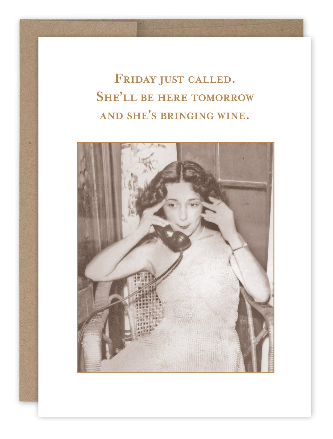 Friday Just Called greeting card with vintage woman on phone, kraft envelope