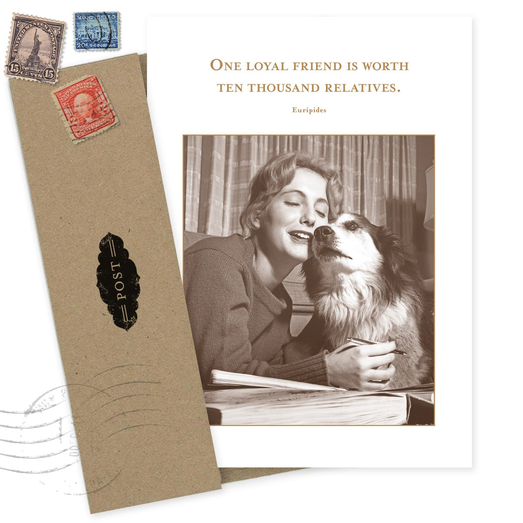 One Loyal Friend greeting card featuring vintage photo of woman with dog, Euripides quote