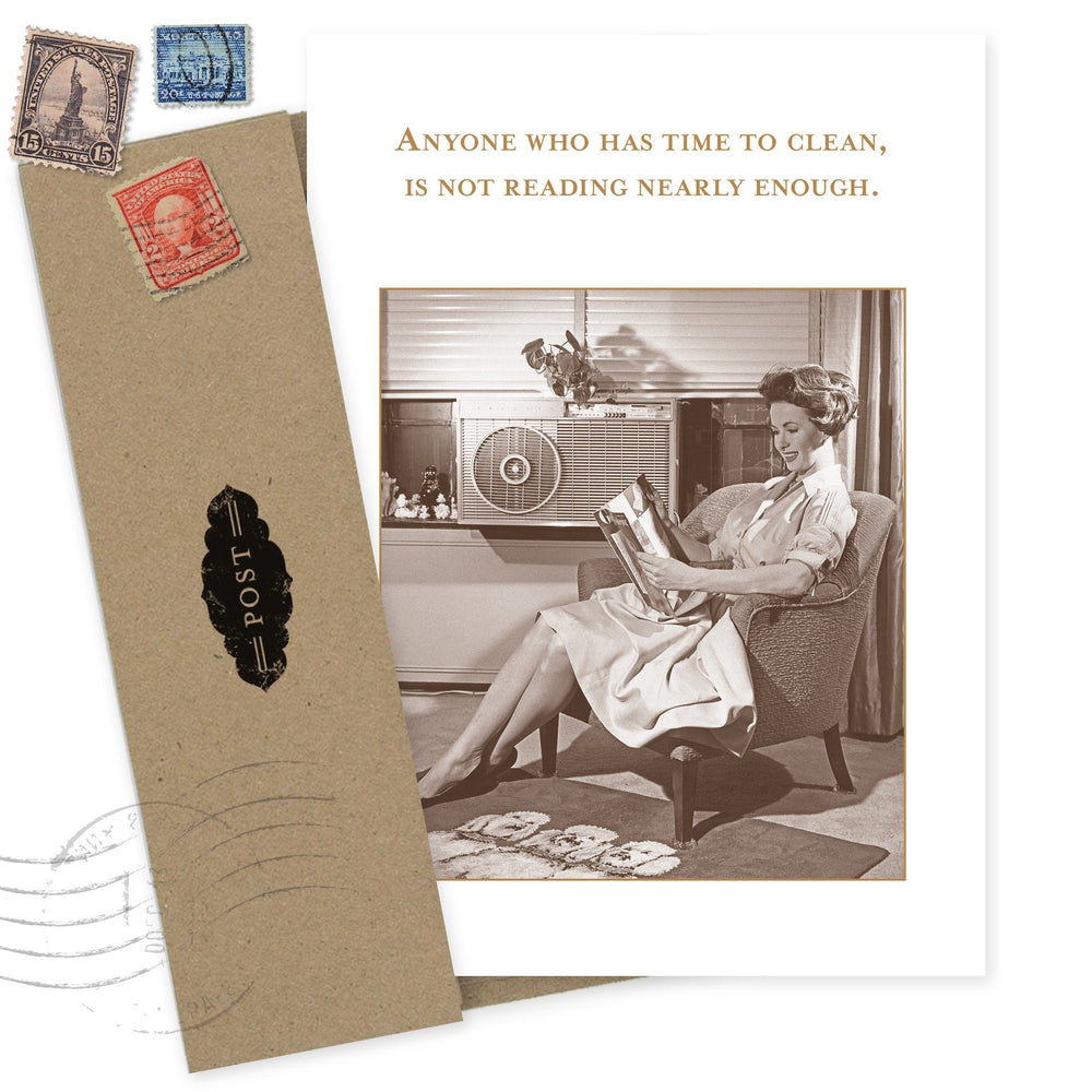 Vintage-style greeting card with postage stamps and retro woman reading photograph