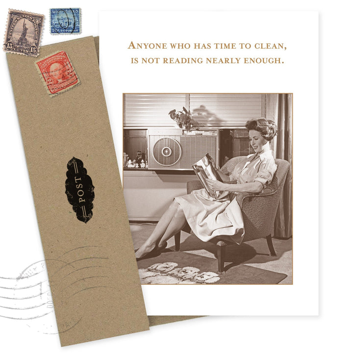 Vintage-style greeting card with postage stamps and retro woman reading photograph