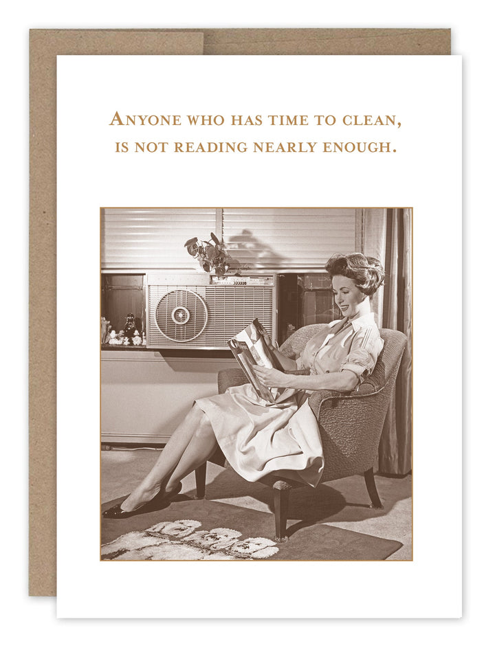 Shannon Martin Design greeting card featuring vintage woman reading with humorous text about cleaning