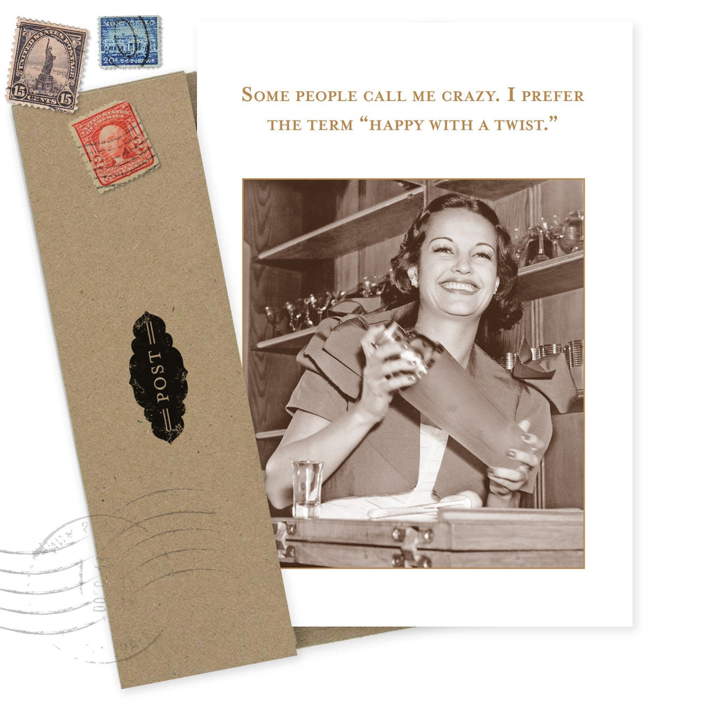 Vintage-style greeting card with sepia woman photo and 'happy with a twist' quote