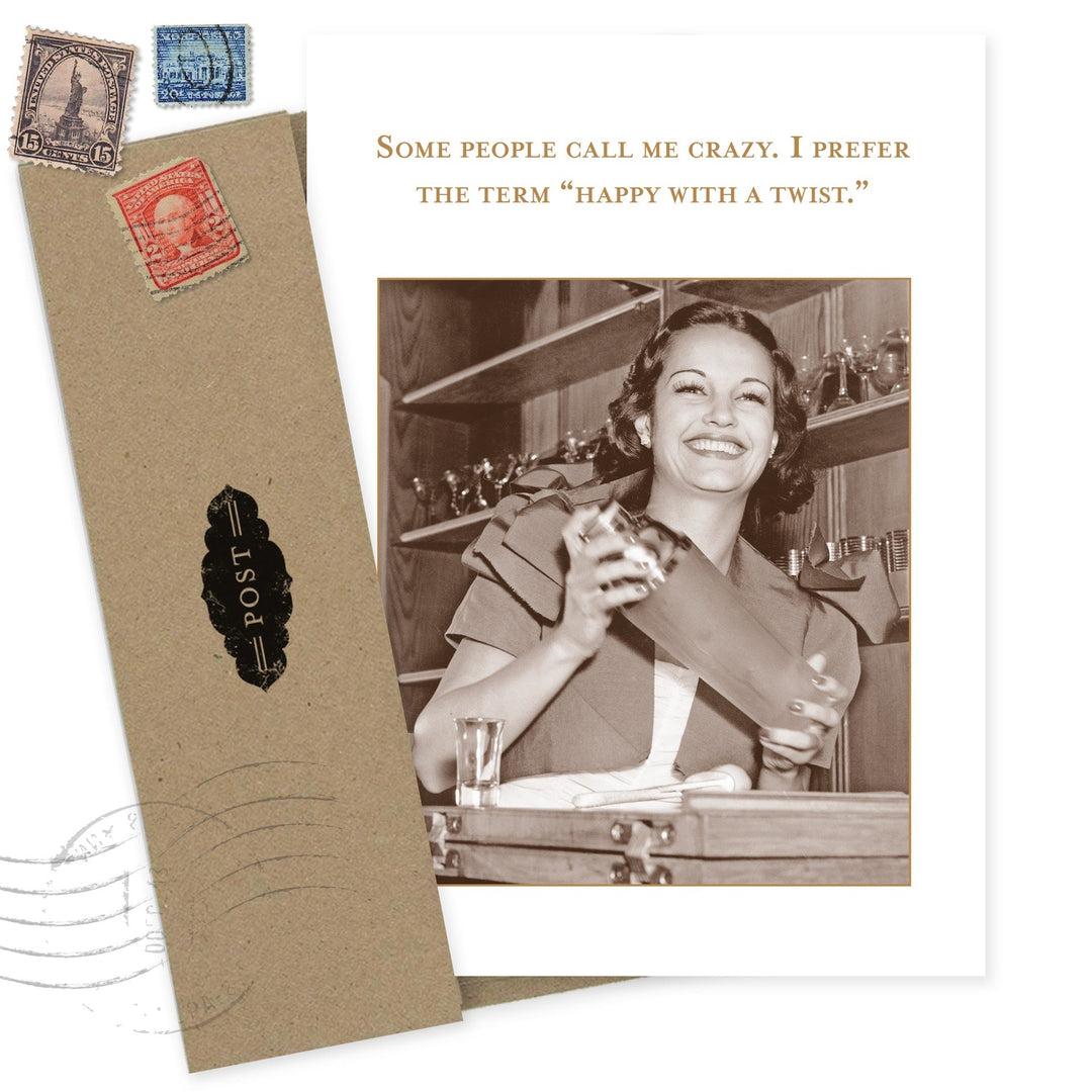 Vintage-style greeting card with sepia woman photo and 'happy with a twist' quote