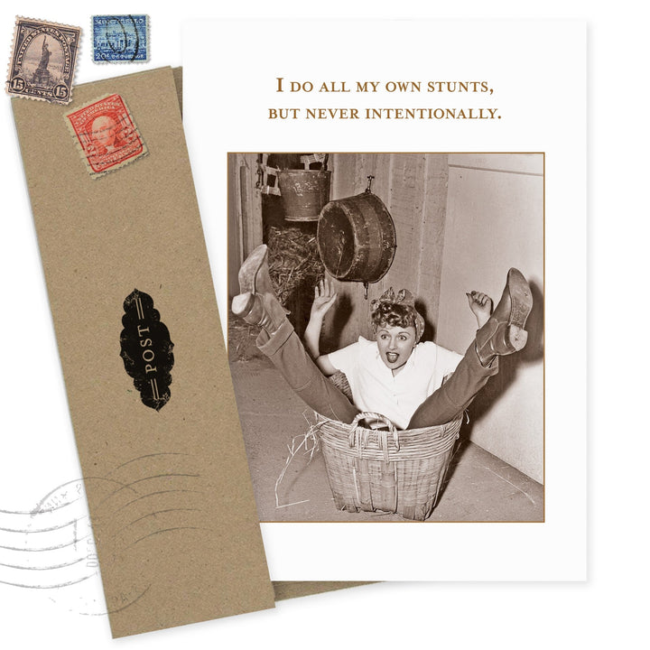 Vintage-style greeting card with humorous quote and woman in basket photo
