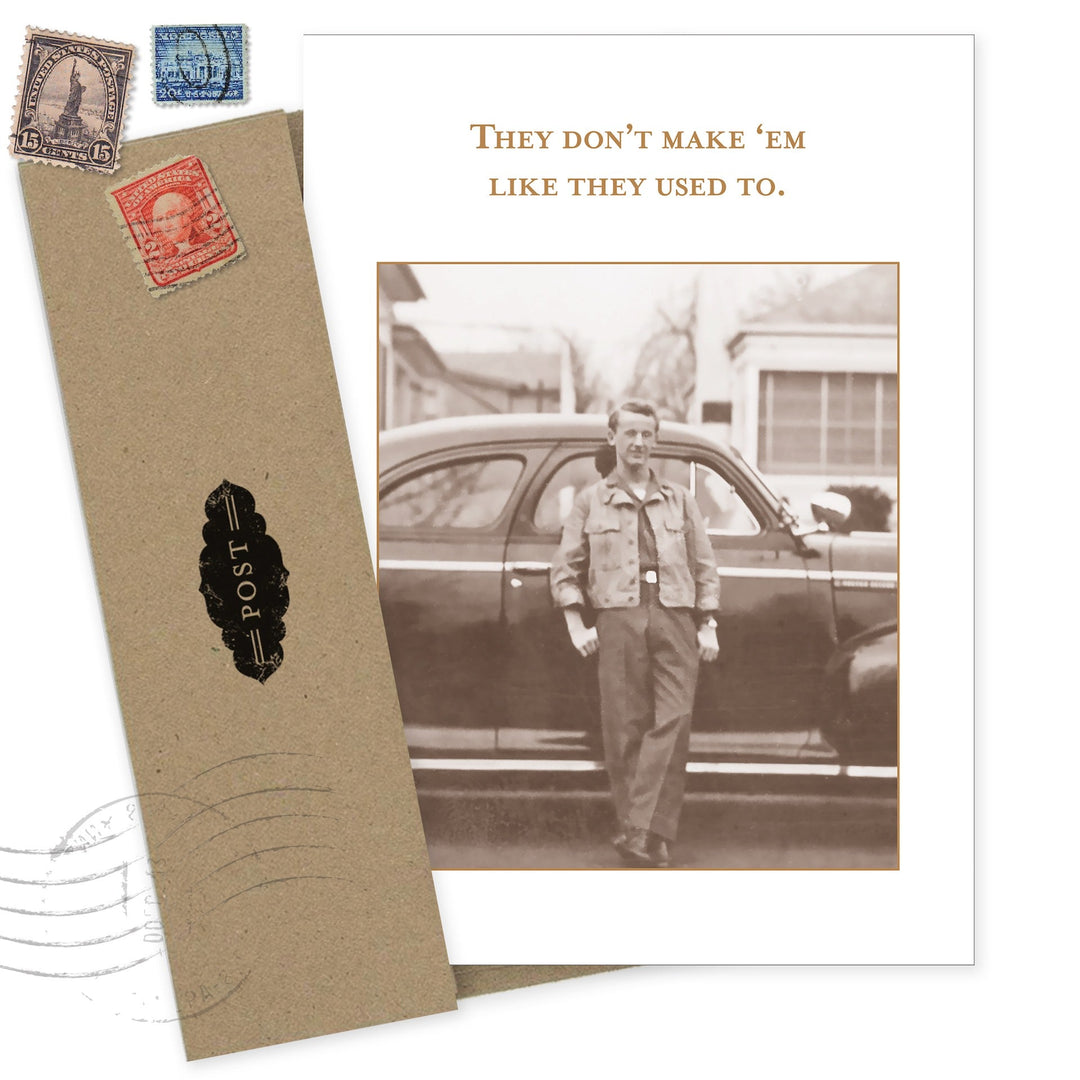 Vintage-style birthday card with kraft envelope, old stamps, and sepia photograph saying 'They don't make 'em like they used to'