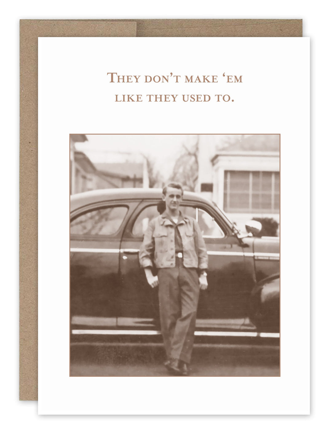 Birthday greeting card with vintage man and car photo, kraft envelope