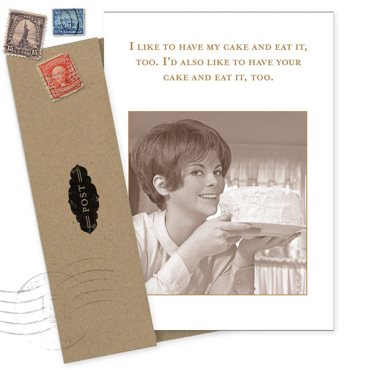 Vintage-style greeting card with woman holding cake, decorated with postal stamps and brown envelope
