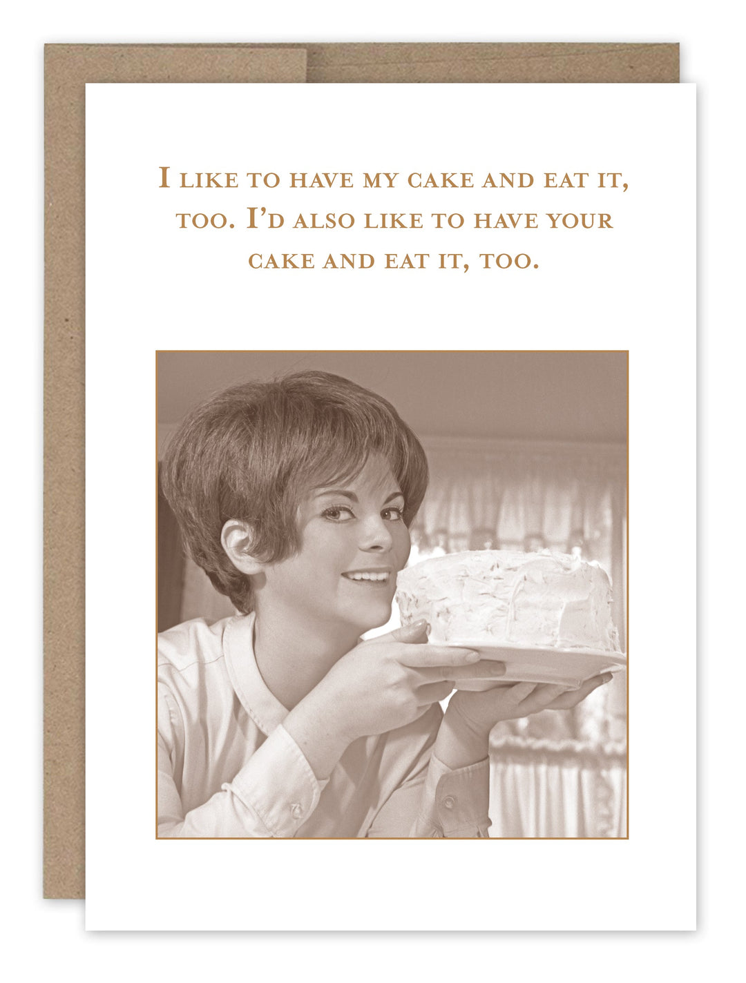 Humorous greeting card with vintage woman holding cake, kraft envelope included