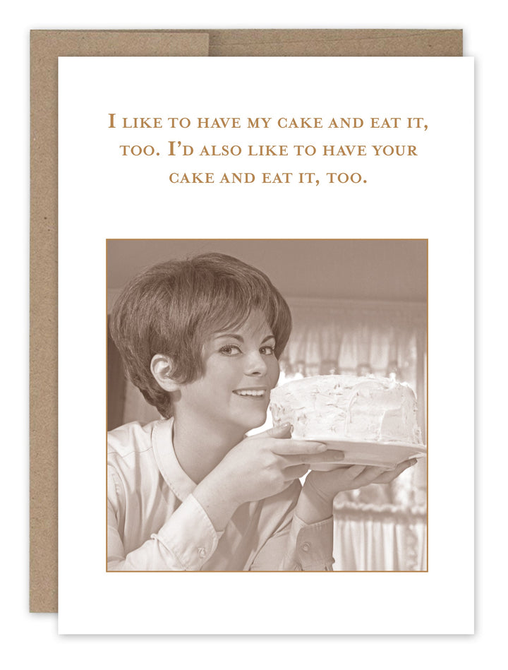 Humorous greeting card with vintage woman holding cake, kraft envelope included