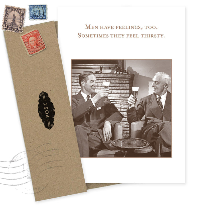 Men Have Feelings Too birthday card featuring vintage photo of men toasting drinks