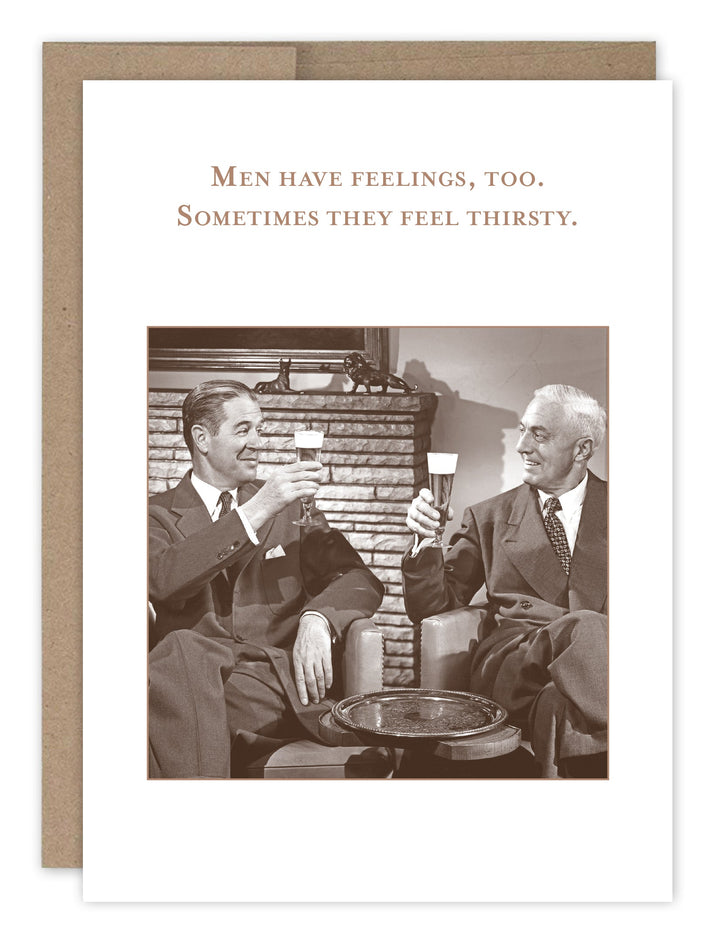Humorous birthday card showing two men toasting with drinks, joke about men's feelings