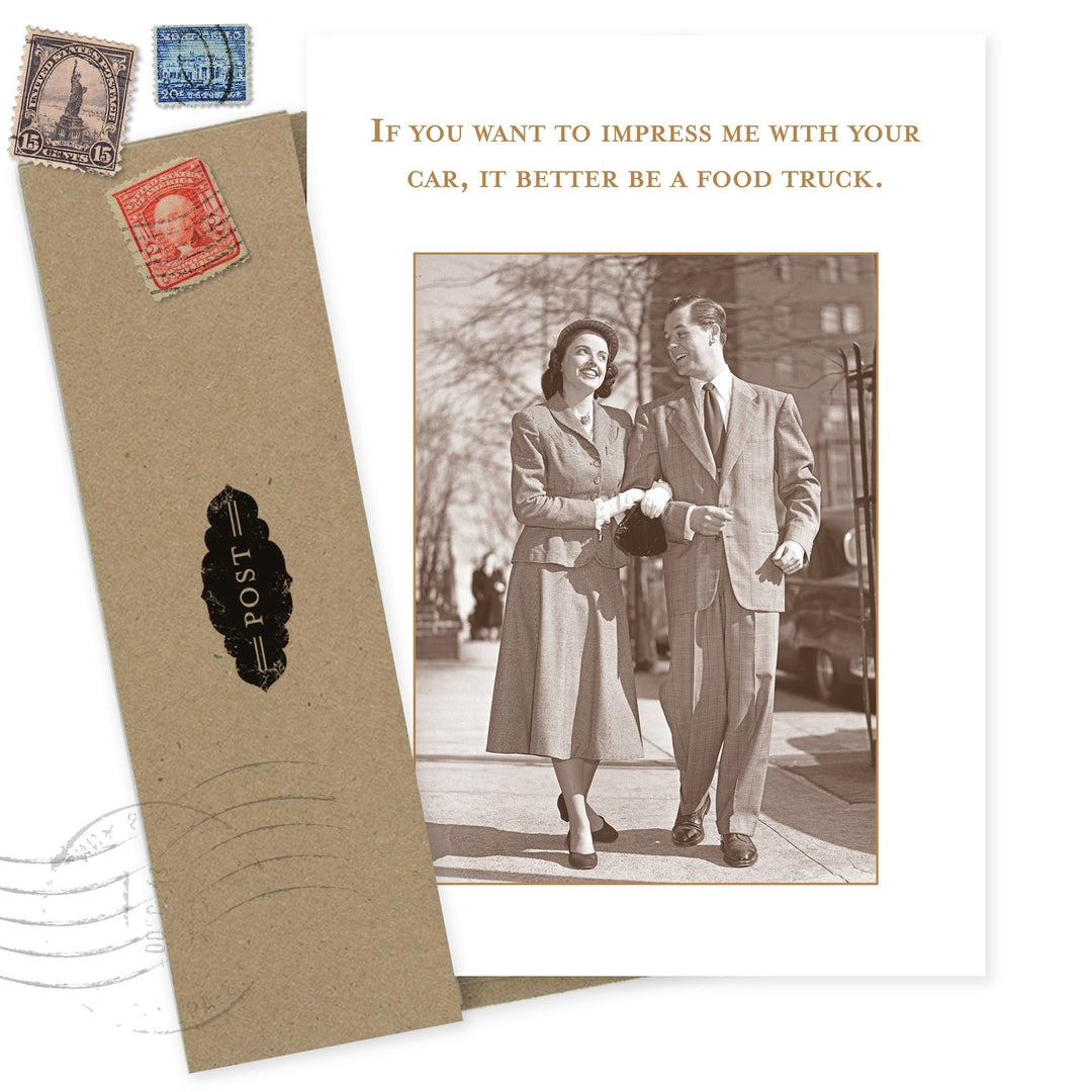 Vintage-style greeting card with retro couple photo and food truck quote