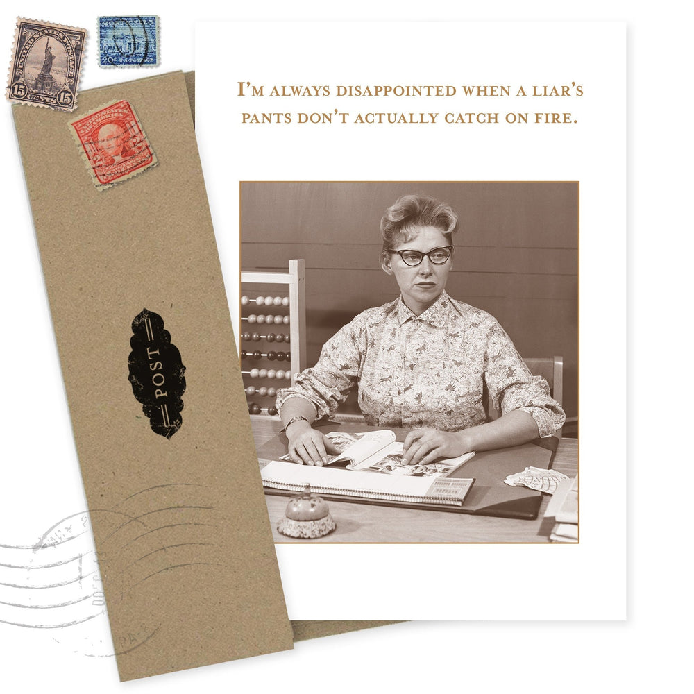 Pants On Fire birthday card with vintage woman photo and humorous liar quote