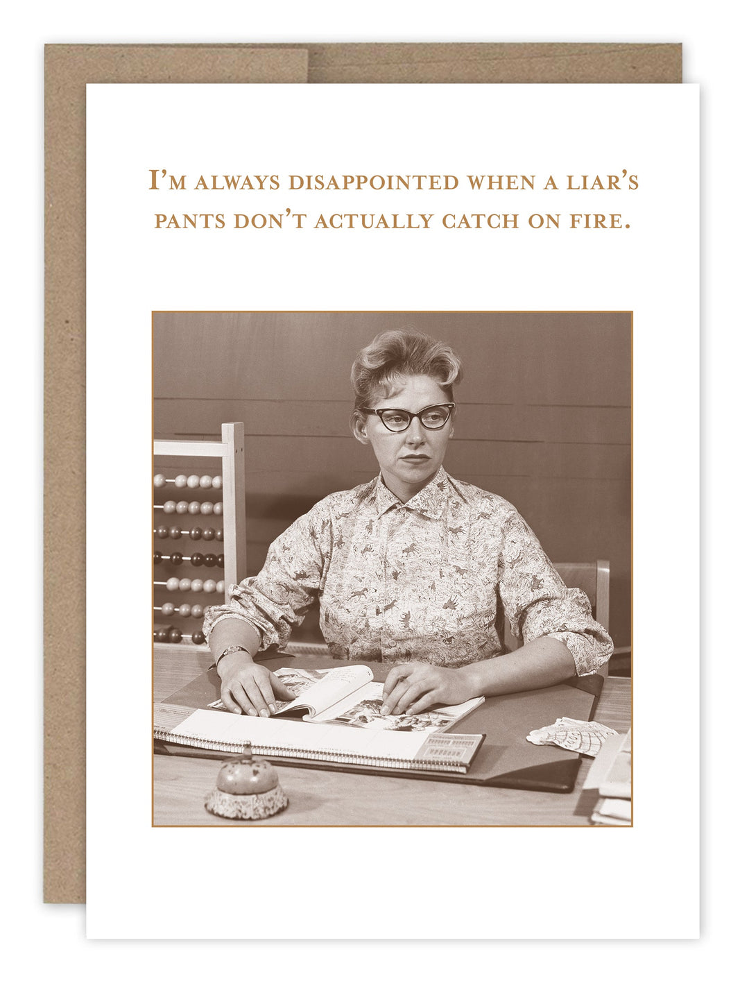 Humorous birthday card featuring vintage woman photo with liar pants on fire joke text
