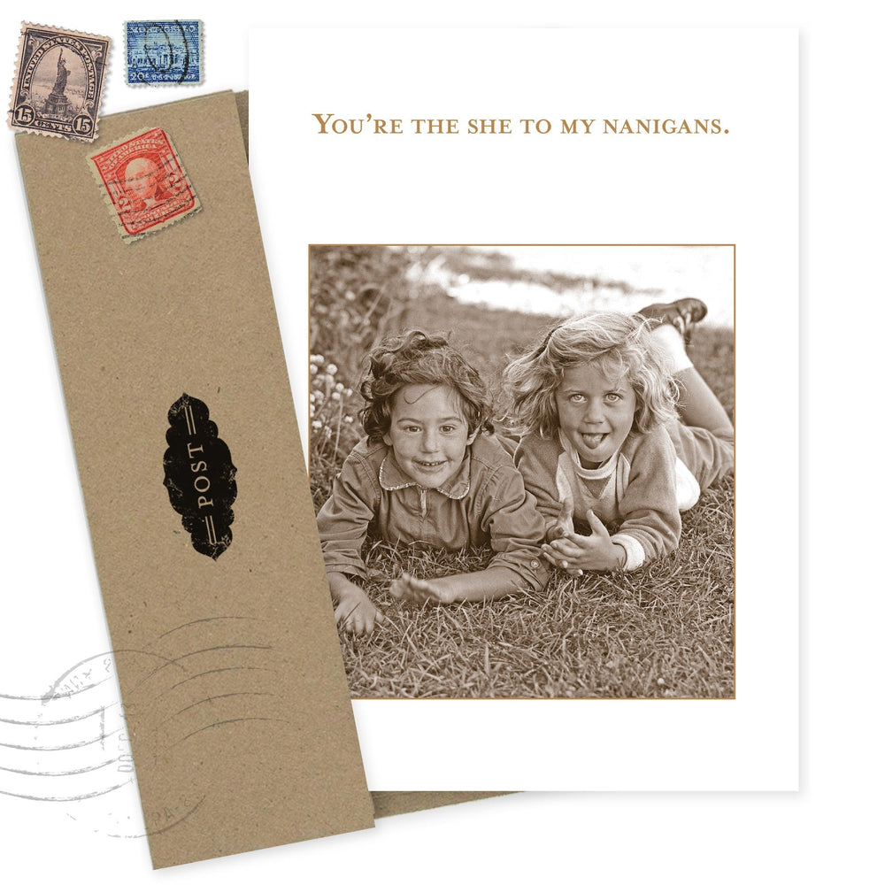 Shenanigans birthday card with vintage photo of children and decorative envelope with stamps