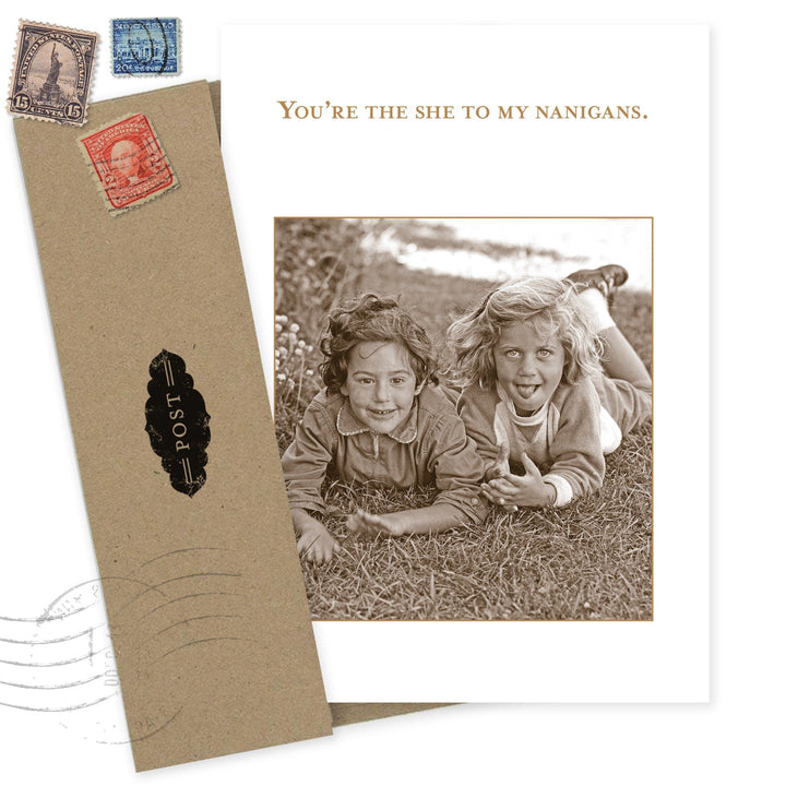Shenanigans birthday card with vintage photo of children and decorative envelope with stamps