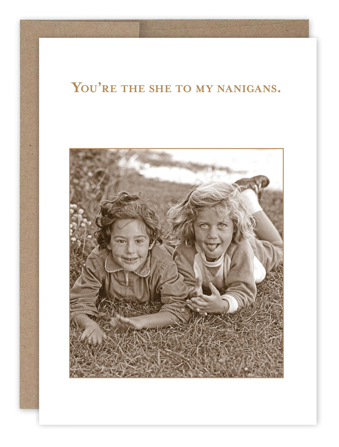 Shannon Martin Design birthday card featuring vintage photo of two children with shenanigans text