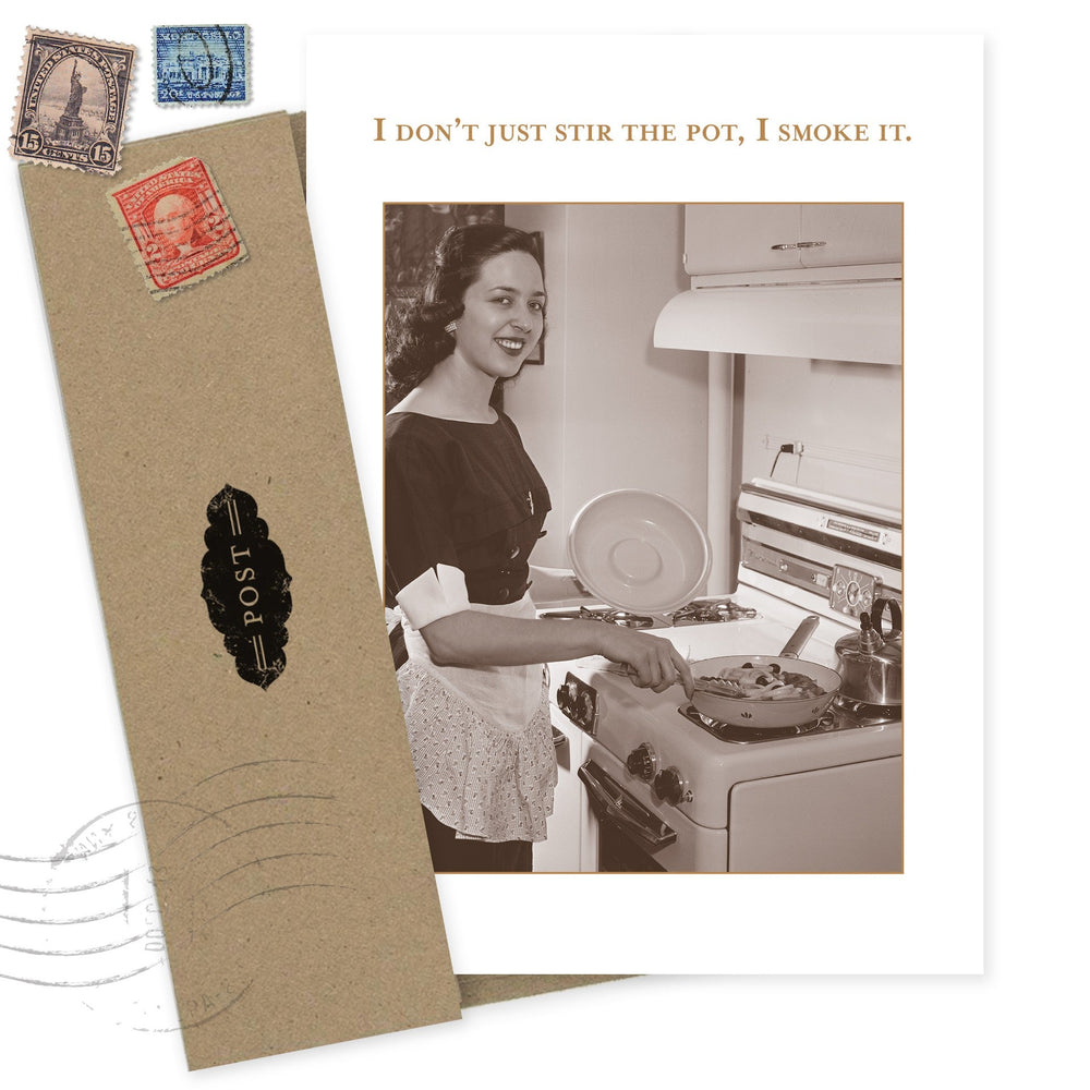 Vintage-style birthday card with retro woman cooking, kraft paper with postage stamps