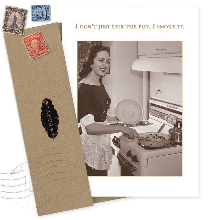 Vintage-style birthday card with retro woman cooking, kraft paper with postage stamps