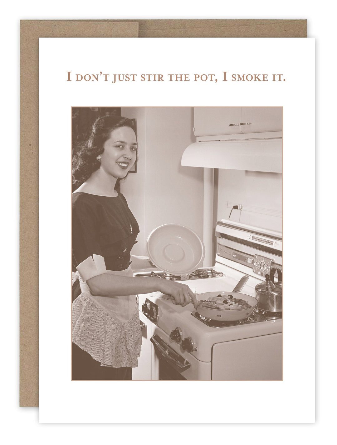Humorous birthday card featuring vintage woman cooking with text about stirring the pot