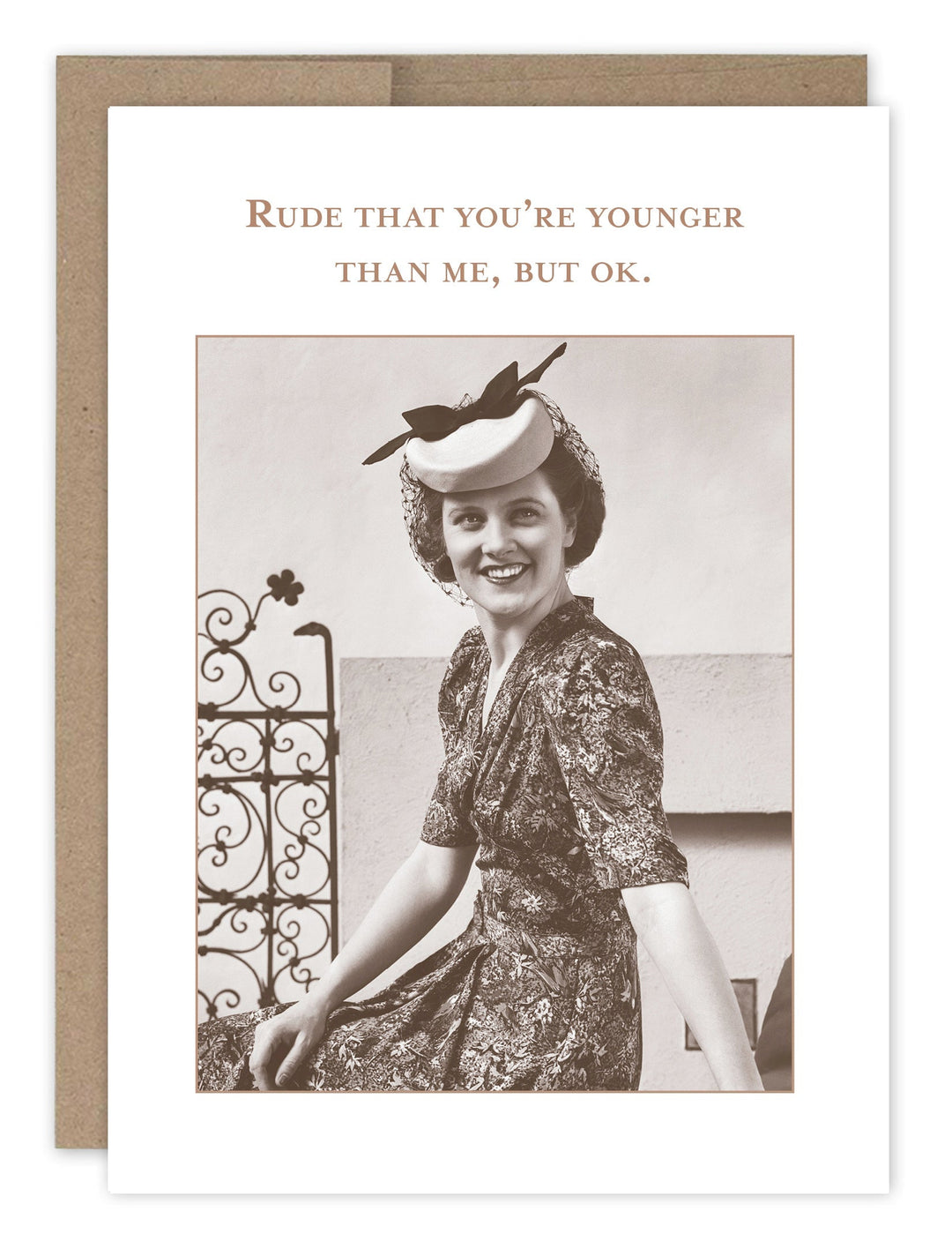Younger Than Me greeting card featuring vintage woman photo with humorous text