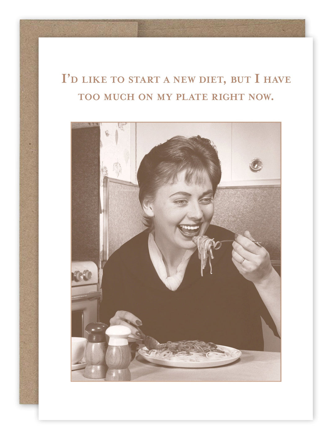 Humorous greeting card about dieting with vintage woman eating pasta photo