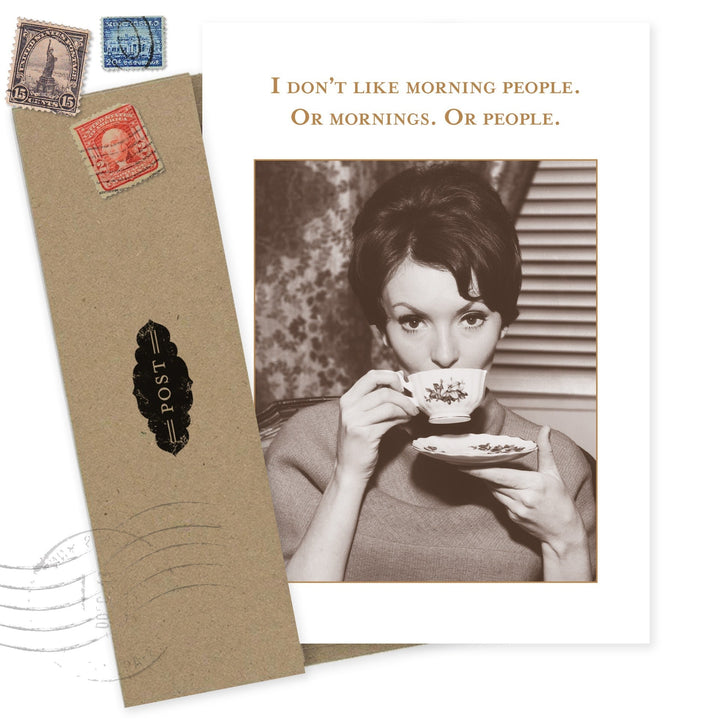 Morning People greeting card with vintage woman drinking tea and humorous text