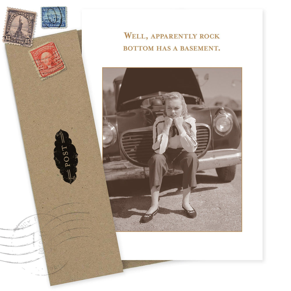 Rock Bottom Has Basement greeting card with vintage stamps and sepia photograph
