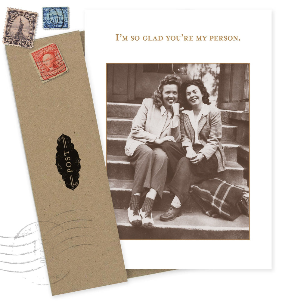 You're My Person greeting card featuring vintage photo of two women with postal envelope design