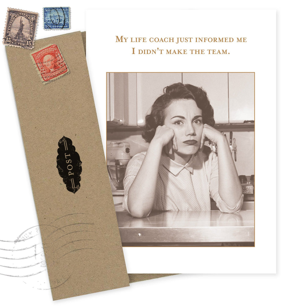 Vintage-style greeting card featuring retro woman photo with humorous life coach text and postal elements