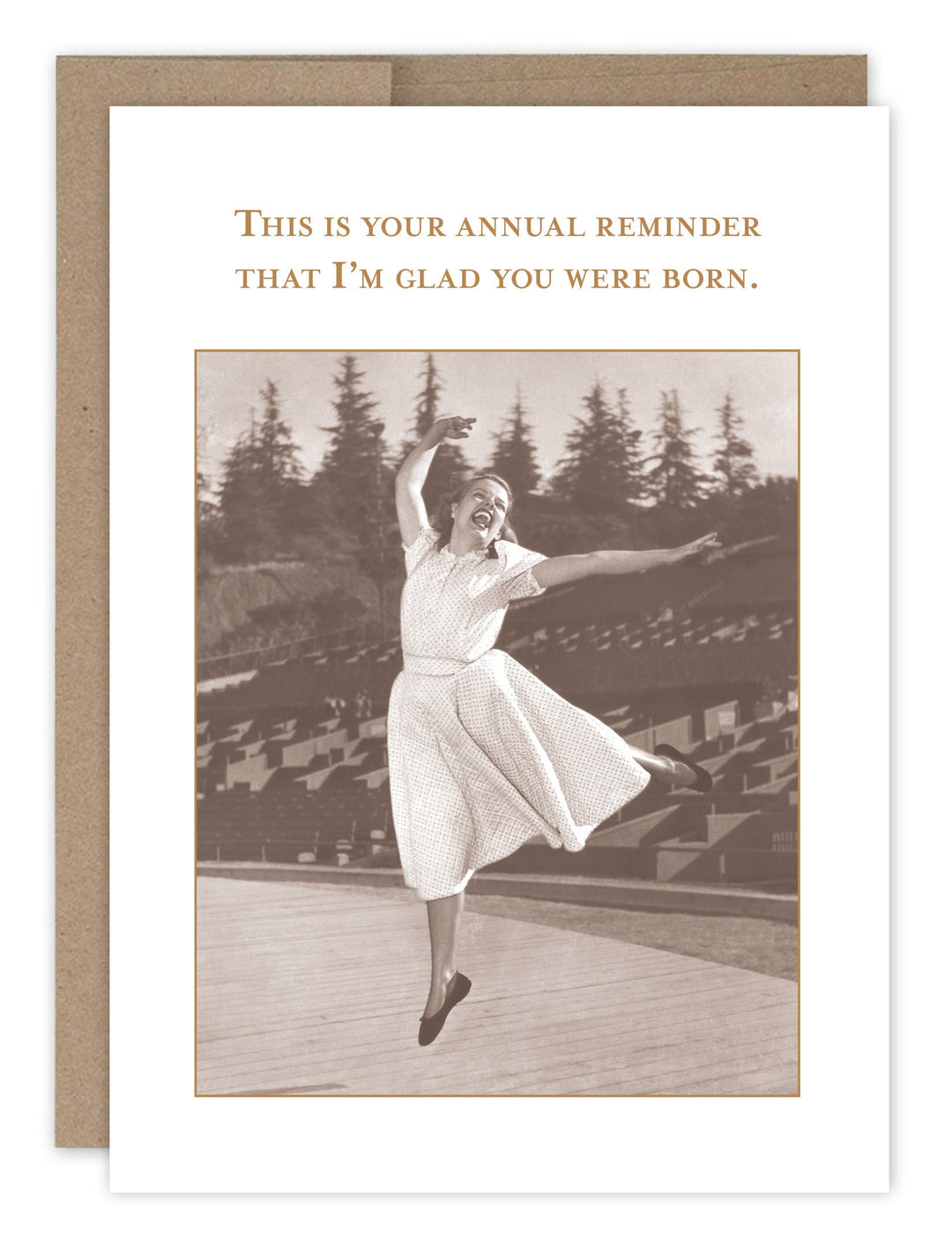 Birthday greeting card with vintage woman dancing photo and brown envelope by Shannon Martin Design