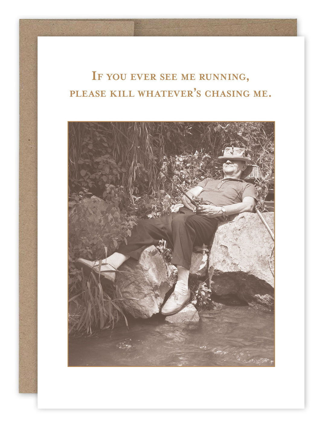 Humorous birthday card featuring vintage photo of relaxed man with funny running joke text
