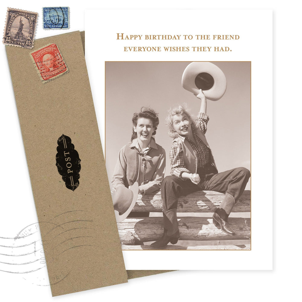 Shannon Martin Design birthday card with vintage cowgirl photo and kraft envelope with stamps