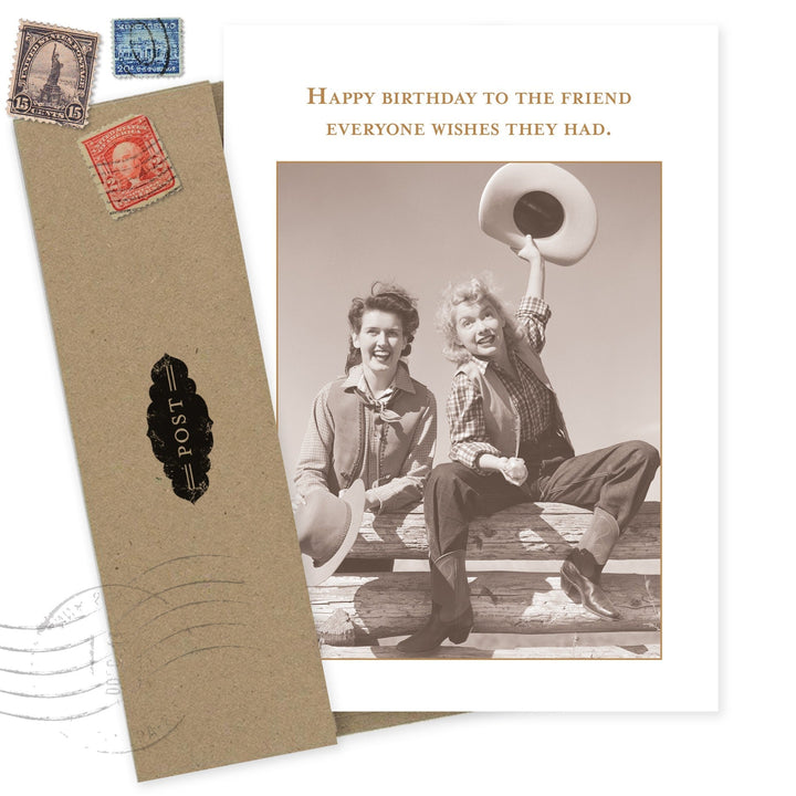 Shannon Martin Design birthday card with vintage cowgirl photo and kraft envelope with stamps