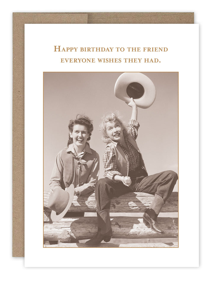 Birthday greeting card featuring vintage photo of two cowgirls with hat, kraft envelope included