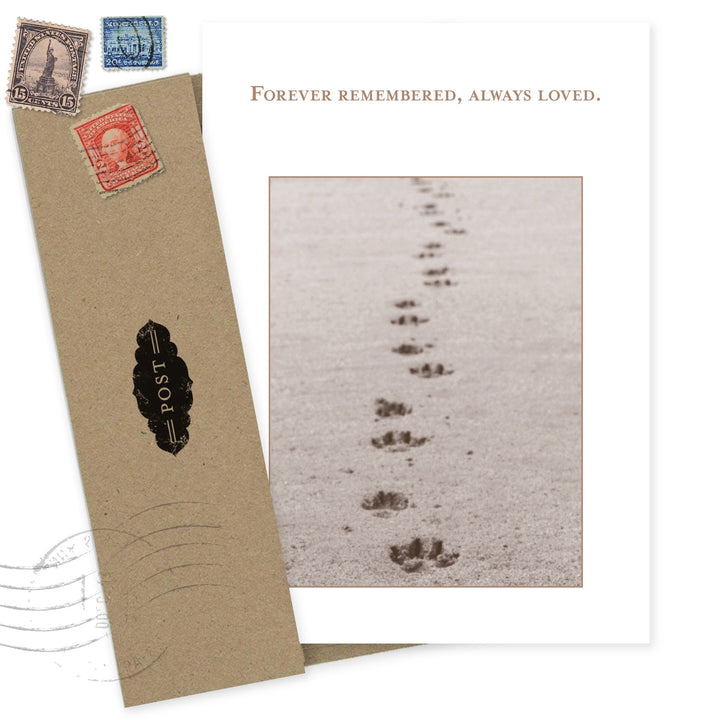 Forever Remembered pet sympathy card with vintage postcard design showing paw prints in sand