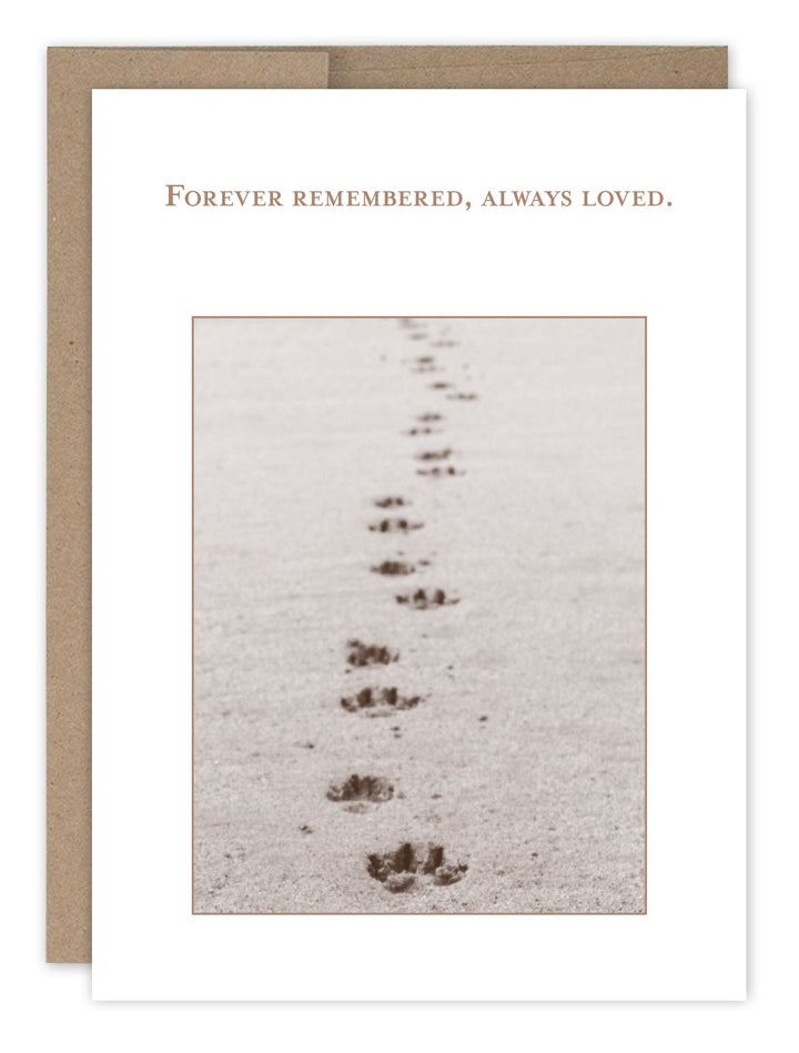 Pet sympathy card with paw prints in sand image and kraft envelope