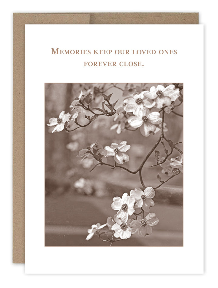 Shannon Martin Design sympathy card with sepia dogwood flowers and brown kraft envelope