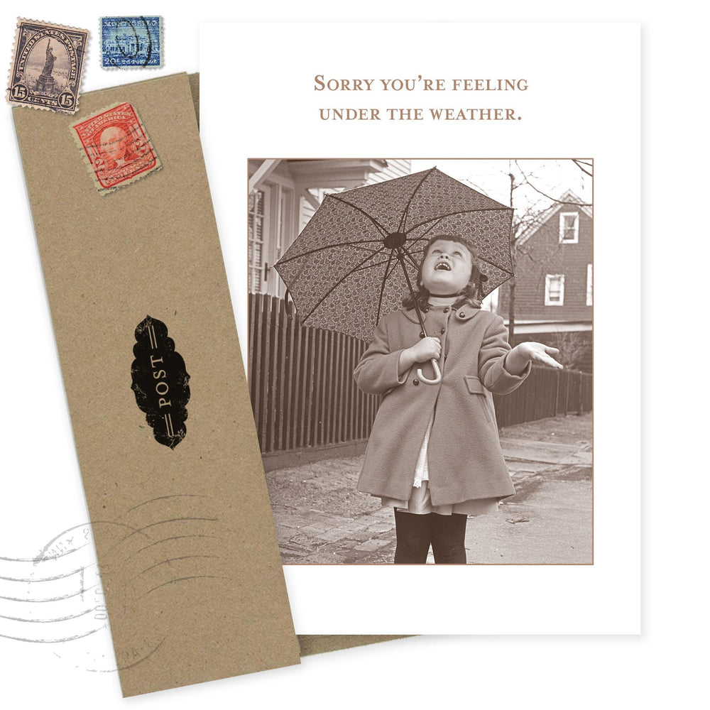 Under the Weather greeting card with vintage photo of girl with umbrella and kraft envelope