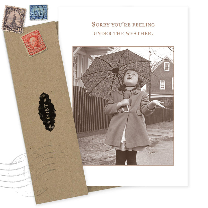 Under the Weather greeting card with vintage photo of girl with umbrella and kraft envelope
