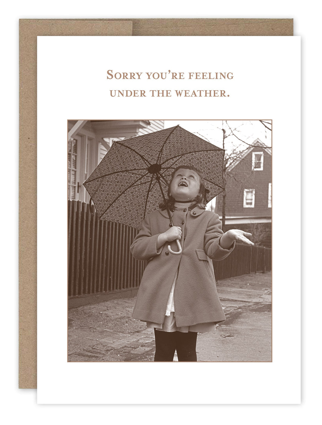 Under the Weather greeting card featuring vintage photo of child with umbrella