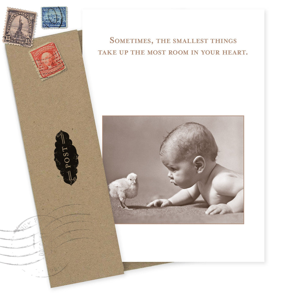 New baby greeting card with vintage stamps, baby and chick photo, heartfelt message