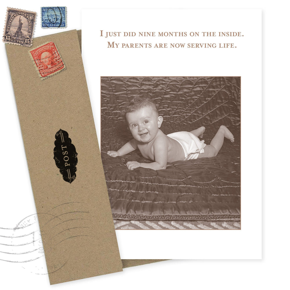 Nine Months New Baby Card with vintage envelope, stamps, and baby photo